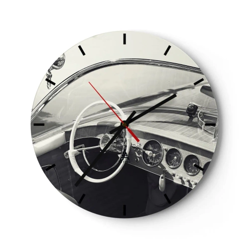 Relógio de parede - Relógio em vidro - Interior de um carro clássico com volante e painel - 30x30cm - Tempo para os ricos - Decoração de parede moderna para a sala de estar, cozinha e quarto ARTTOR