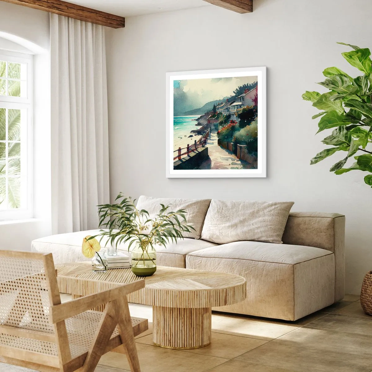 Pôster em moldura branca - Cidade mediterrânea - 50x50 cm