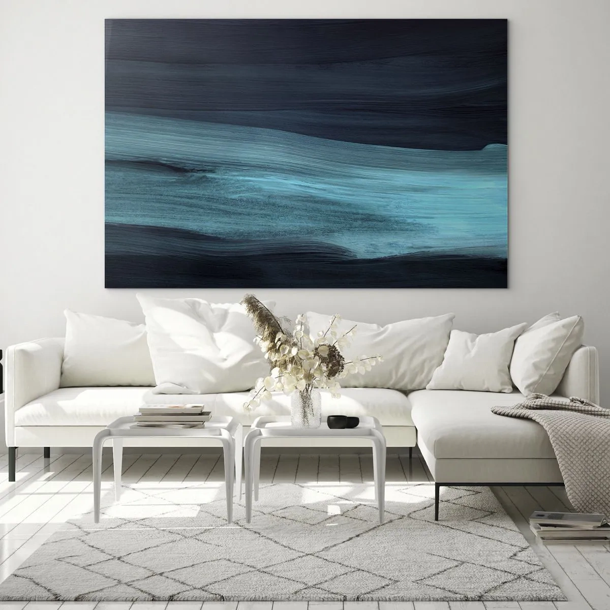 Quadro em vidro - Onda abstrata em tons de turquesa e azul marinho - 70x50cm - Vá com o fluxo - Decoração de parede moderna para a sala de estar e quarto ARTTOR