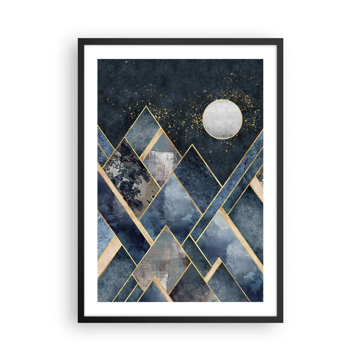 Pôster com moldura preta - Montanhas geométricas em tons de azul marinho e dourado - 50x70cm - Paisagem geométrica - Decoração de parede moderna para a sala de estar e quarto ARTTOR