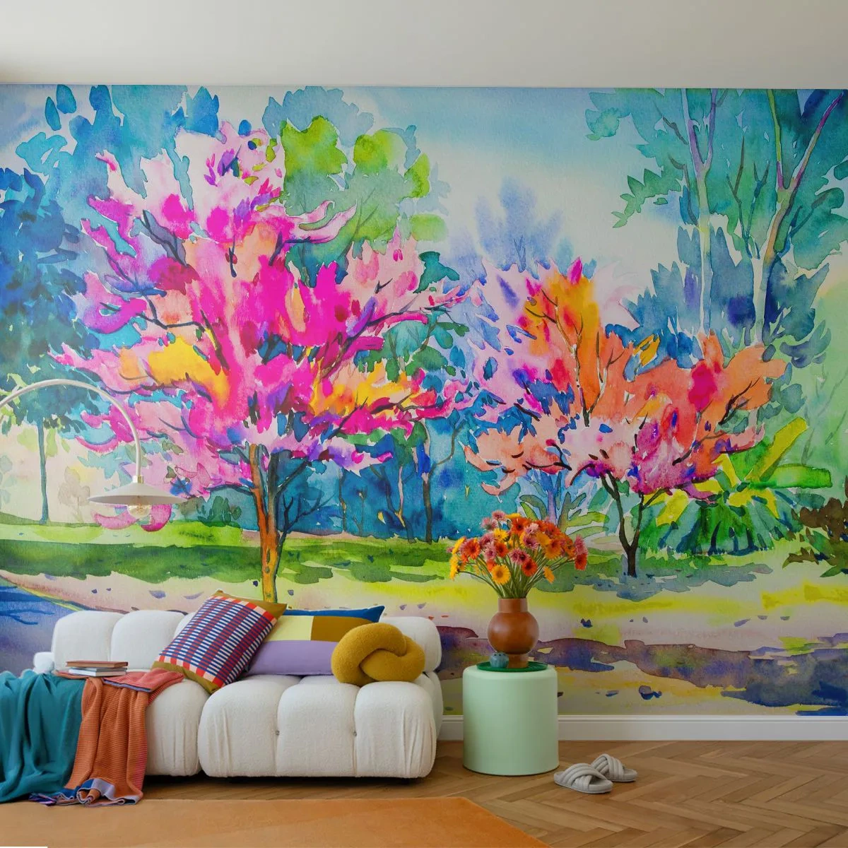 Papel de Parede Premium Canvas - Um jardim arco-íris no brilho da primavera - Parque, Árvores, Natureza - 250x175 cm