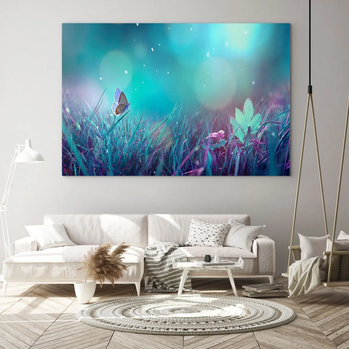 Quadro em vidro - Borboleta na grama em luz pastel - 70x50cm - A vida secreta do prado - Decoração de parede moderna para a sala de estar e quarto ARTTOR