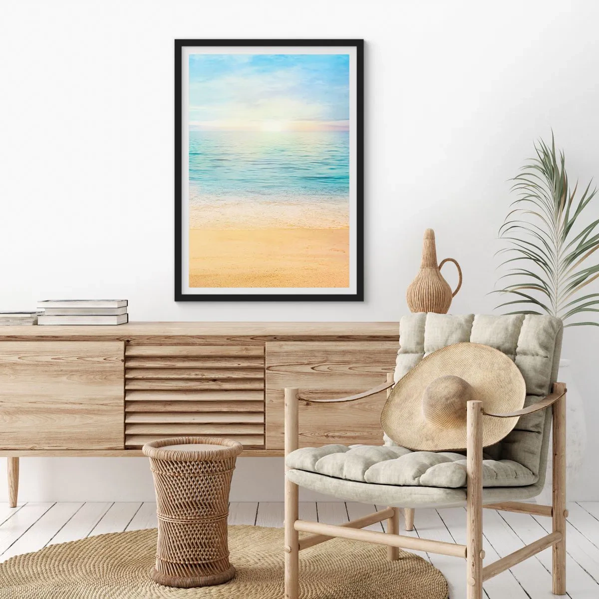 Pôster com moldura preta - Vista tranquila da praia e do mar ao nascer do sol - 50x70cm - Grande azul - Decoração de parede moderna para a sala de estar e quarto ARTTOR