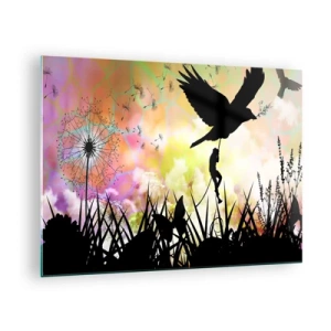 Quadro em vidro - Ilustração de uma figura subindo em um pássaro contra um fundo de flores coloridas. - 70x50cm - Ambiente de conto de fadas - Decoração de parede moderna para a sala de estar e quarto ARTTOR