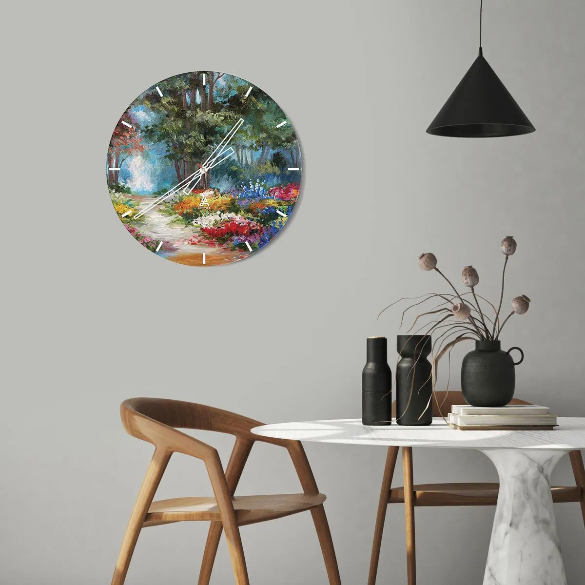Relógio de parede - Relógio em vidro - Um jardim colorido com flores e árvores ao fundo - 30x30cm - Jardim florestal, floresta florida - Decoração de parede moderna para a sala de estar, cozinha e quarto ARTTOR