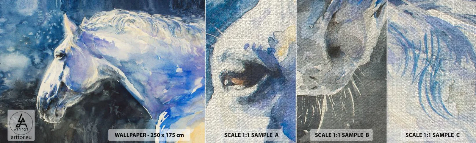 Amostra de papel de parede Premium Canvas - Retrato com um brilho azul - Cavalo, Pintura, Animais - 100x30 cm