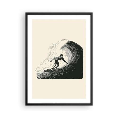 Pôster com moldura preta - Surfista retrô em composição gráfica de onda, preto e creme - 50x70cm - Rei da onda - Decoração de parede moderna para a sala de estar e quarto ARTTOR
