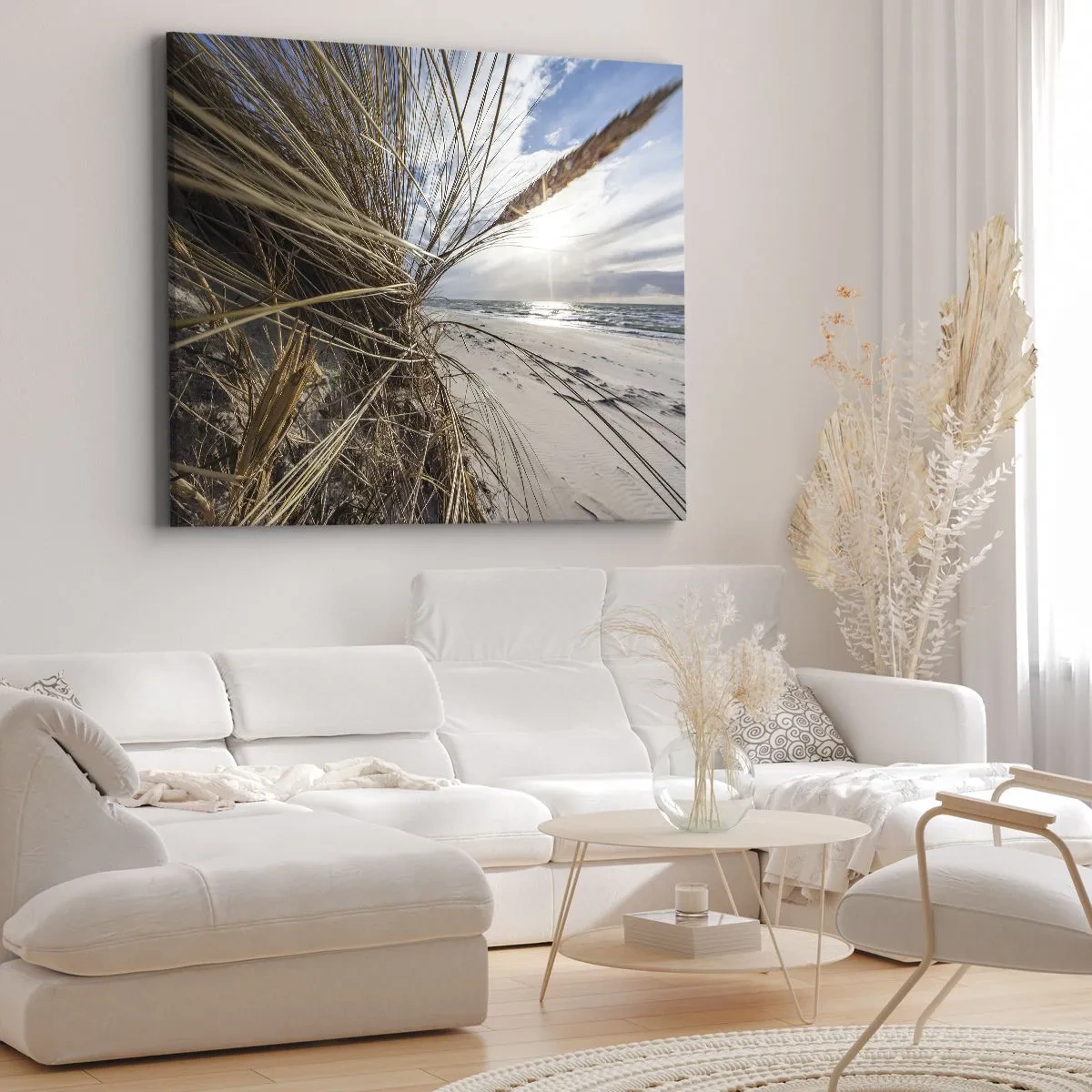 Quadro em tela - Uma praia com grama seca nas dunas e vista para o mar - 70x50cm - Reunião dos rlementos da natureza - Decoração de parede moderna para a sala de estar e quarto ARTTOR