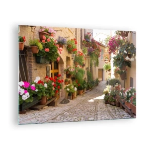 Quadro em vidro - Uma rua pitoresca com flores em vasos - 70x50cm - Nas flores do dilúvio - Decoração de parede moderna para a sala de estar e quarto ARTTOR