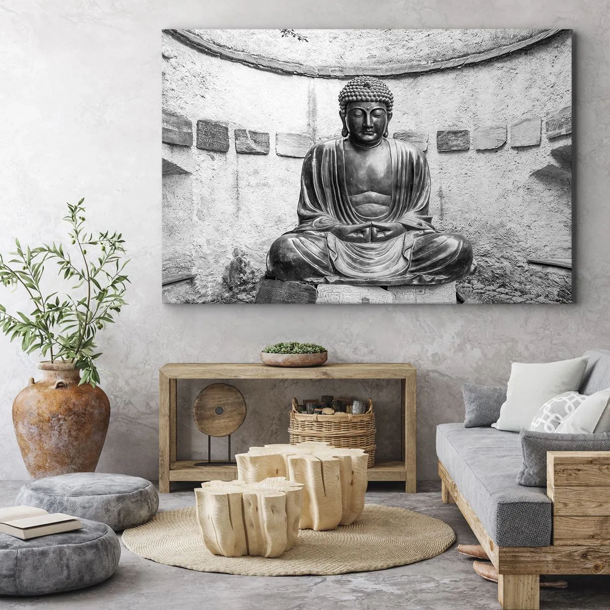 Quadro em tela - Estátua de Buda em preto e branco em pose meditativa - 70x50cm - Na fonte da paz - Decoração de parede moderna para a sala de estar e quarto ARTTOR