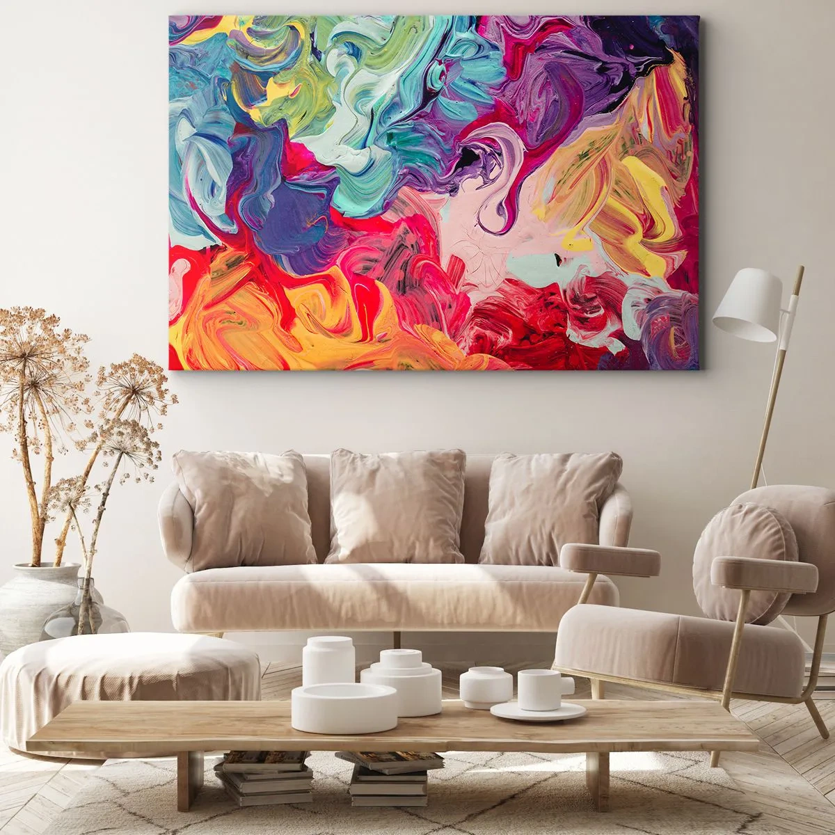 Quadro em tela - Uma composição abstrata com cores vibrantes e giratórias e uma estrutura dinâmica. - 70x50cm - O nascimento das cores - Decoração de parede moderna para a sala de estar e quarto ARTTOR
