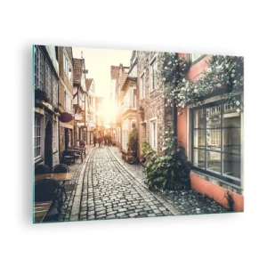 Quadro em vidro - Uma rua charmosa com casas de cortiços iluminadas pelo pôr do sol - 70x50cm - Beco rosa em brilho rosa - Decoração de parede moderna para a sala de estar e quarto ARTTOR