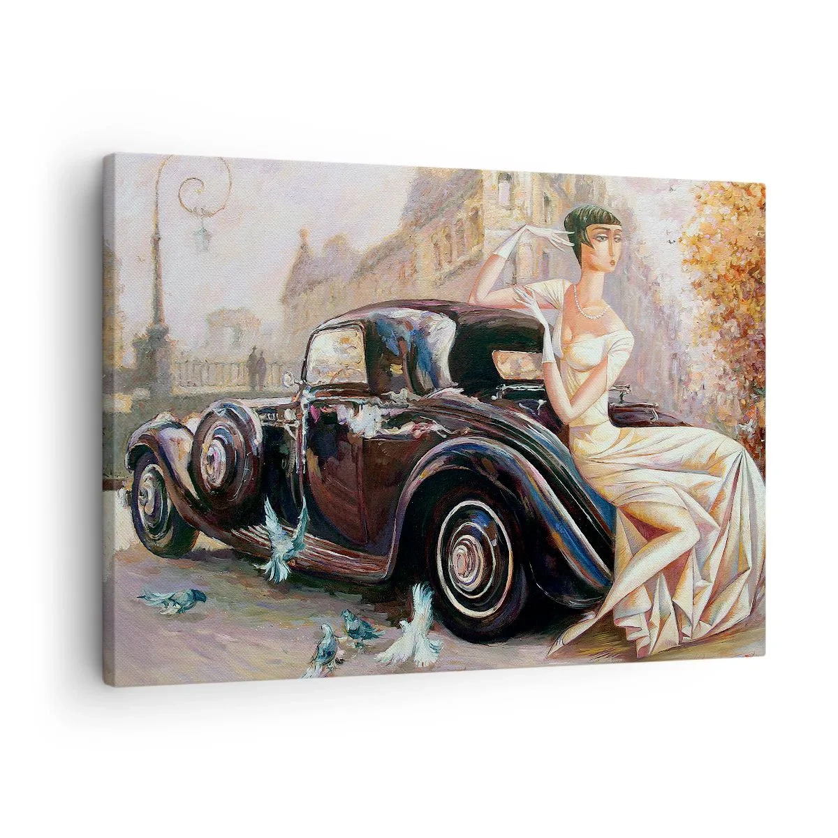 Quadro em tela - Mulher retrô ao lado de carro clássico - 70x50cm - Elegância retro - Decoração de parede moderna para a sala de estar e quarto ARTTOR