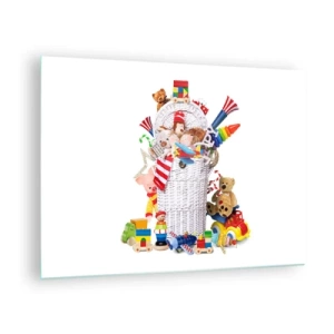 Quadro em vidro - Uma cesta cheia de brinquedos coloridos em um fundo branco - 70x50cm - Tesouros das crianças - Decoração de parede moderna para a sala de estar e quarto ARTTOR