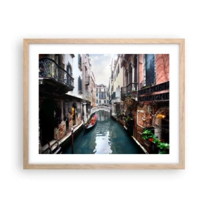 Pôster com moldura de carvalho claro - Paisagem veneziana com gôndola e ponte - 50x40 cm