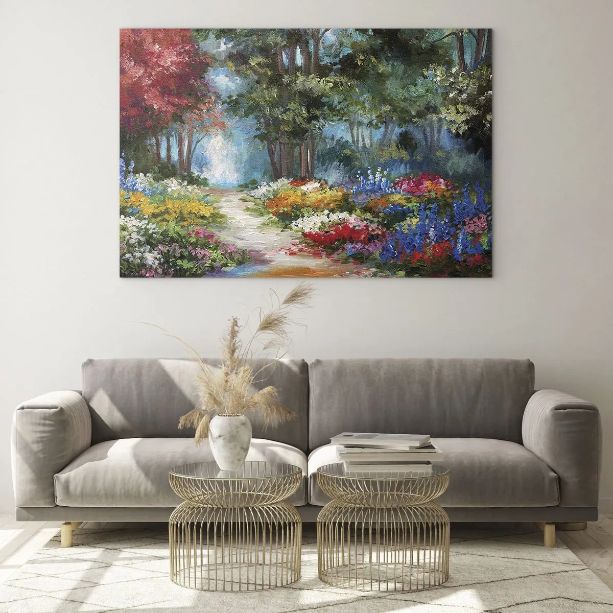Quadro em vidro - Jardim florestal, floresta florida - 100x70 cm