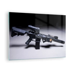 Quadro em vidro - Um rifle de assalto preto com acessórios sobre um fundo claro - 70x50cm - O Cavaleiro das Trevas - Decoração de parede moderna para a sala de estar e quarto ARTTOR