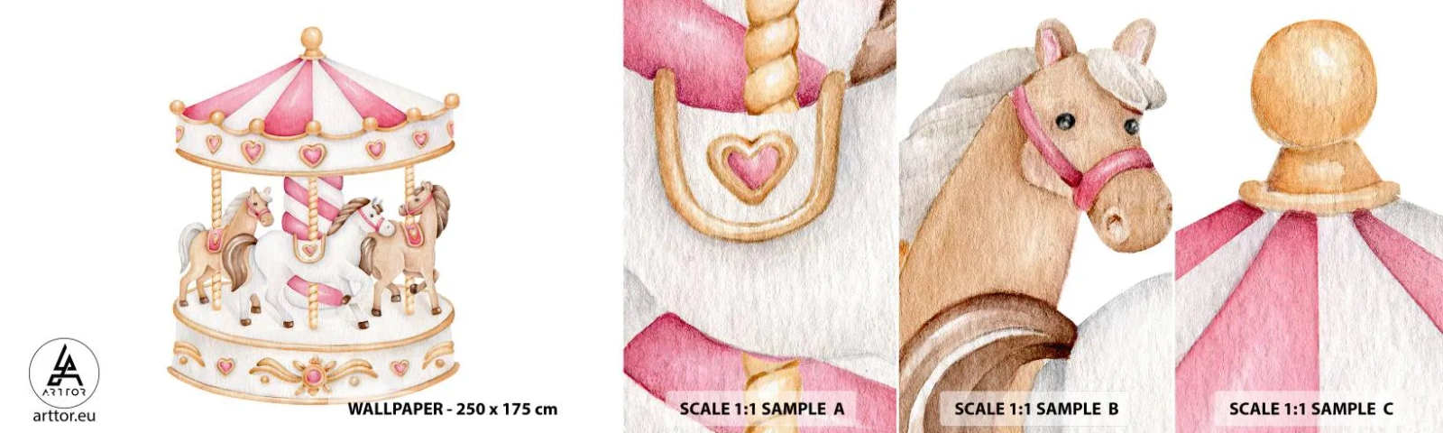 Amostra de Papel de Parede Standard Eco - O doce mundo da infância - Carrossel, Feminino, Cavalos - 100x30 cm