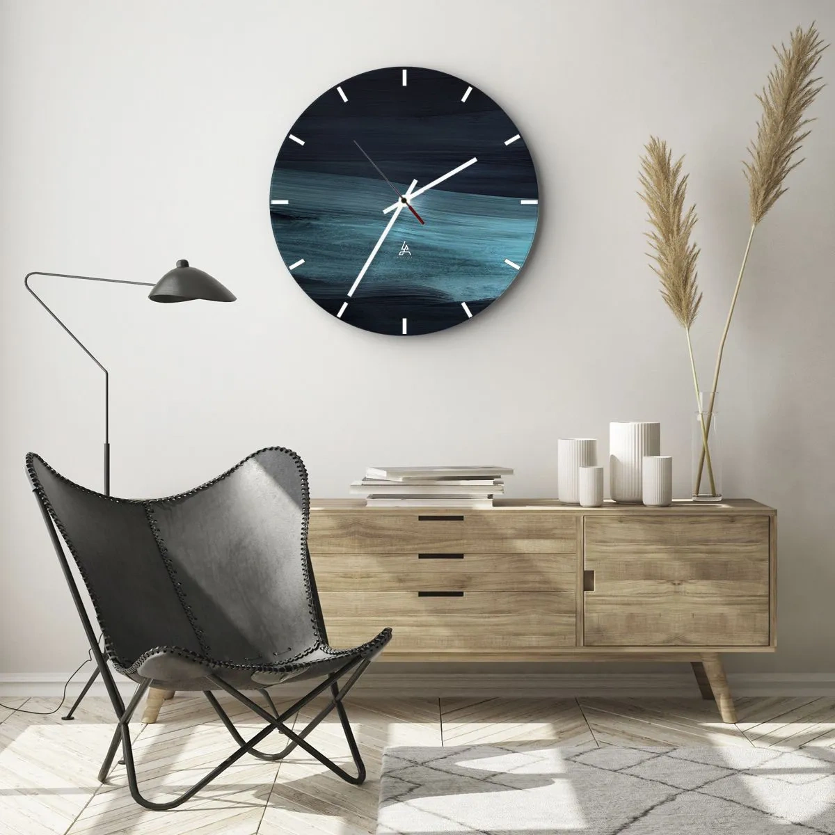 Relógio de parede - Relógio em vidro - Listras abstratas em turquesa e azul marinho que lembram água - 30x30cm - Vá com o fluxo - Decoração de parede moderna para a sala de estar, cozinha e quarto ARTTOR