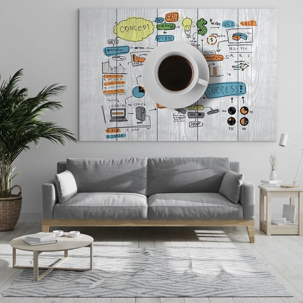 Quadro em vidro - Uma xícara de café em um fundo de diagramas e desenhos conceituais - 70x50cm - Tempo para uma pausa - Decoração de parede moderna para a sala de estar e quarto ARTTOR