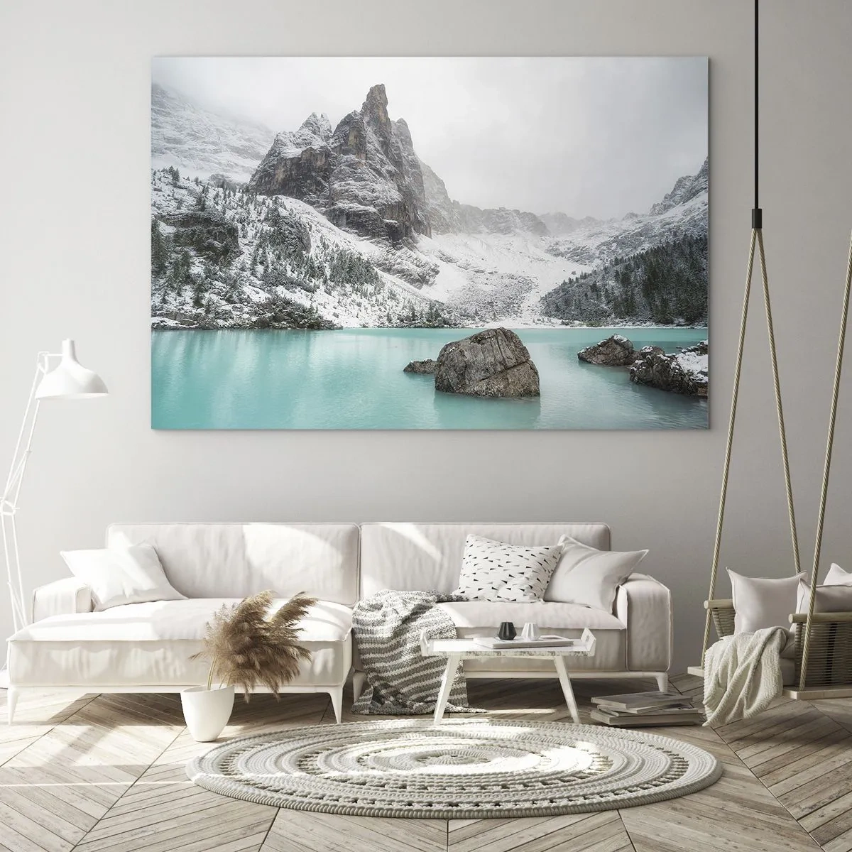Quadro em vidro - Paisagem de inverno com um lago turquesa - 70x50cm - Na guarda - Decoração de parede moderna para a sala de estar e quarto ARTTOR