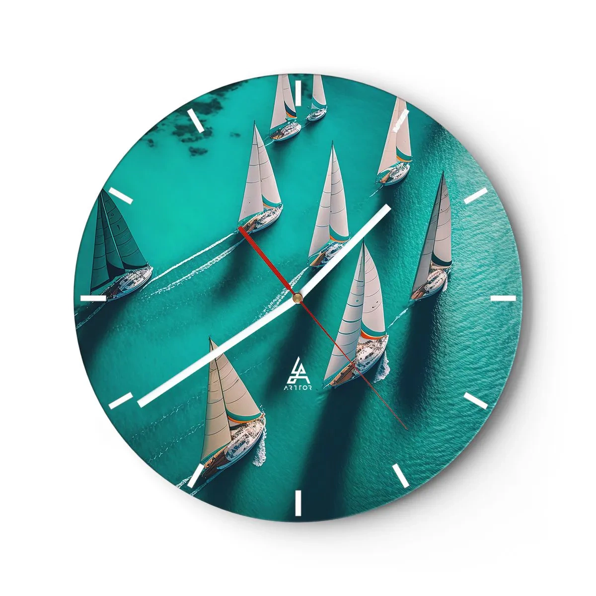 Relógio de parede - Relógio em vidro - Iates à vela em águas azul-turquesa em um arranjo dinâmico - 30x30cm - Numa competição com o vento - Decoração de parede moderna para a sala de estar, cozinha e quarto ARTTOR