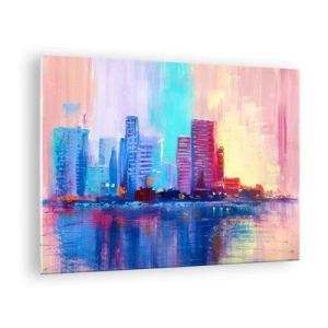 Quadro em vidro - Uma cidade moderna com cores intensas refletidas na água - 70x50cm - Banhada em cores - Decoração de parede moderna para a sala de estar e quarto ARTTOR