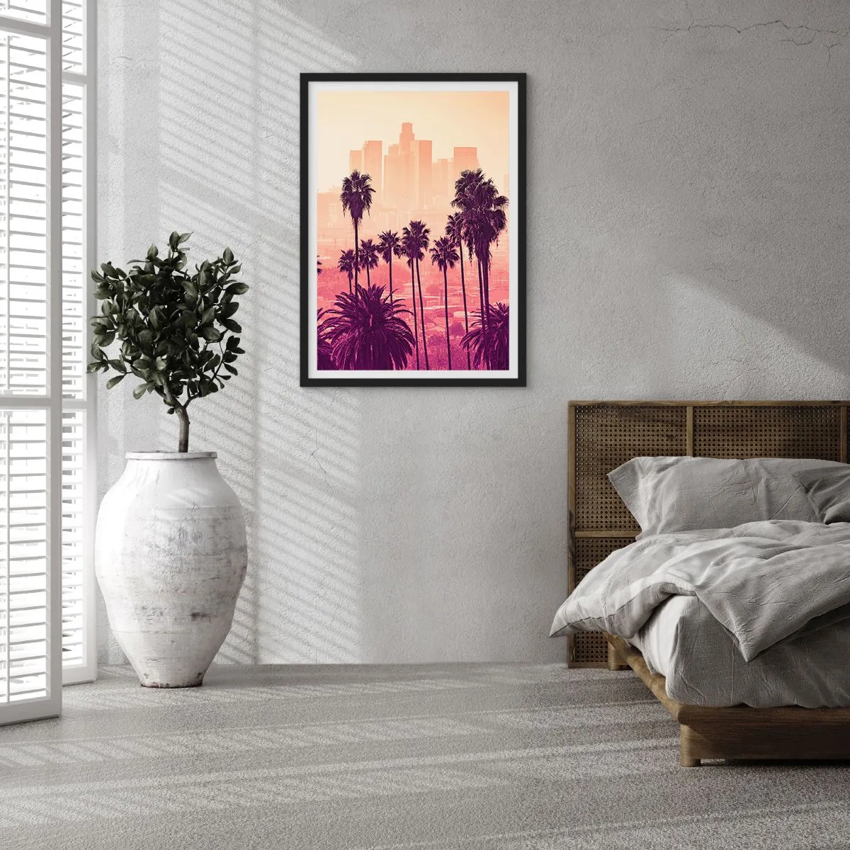 Pôster com moldura preta - Palmeiras tendo como pano de fundo a cidade ao pôr do sol - 50x70cm - Paisagem californiana - Decoração de parede moderna para a sala de estar e quarto ARTTOR