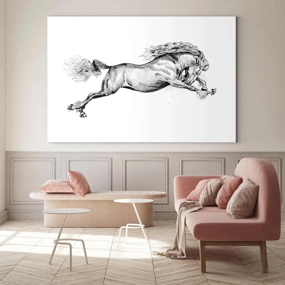 Quadro em vidro - Desenho em preto e branco de um cavalo galopando - 70x50cm - Parado a galope - Decoração de parede moderna para a sala de estar e quarto ARTTOR