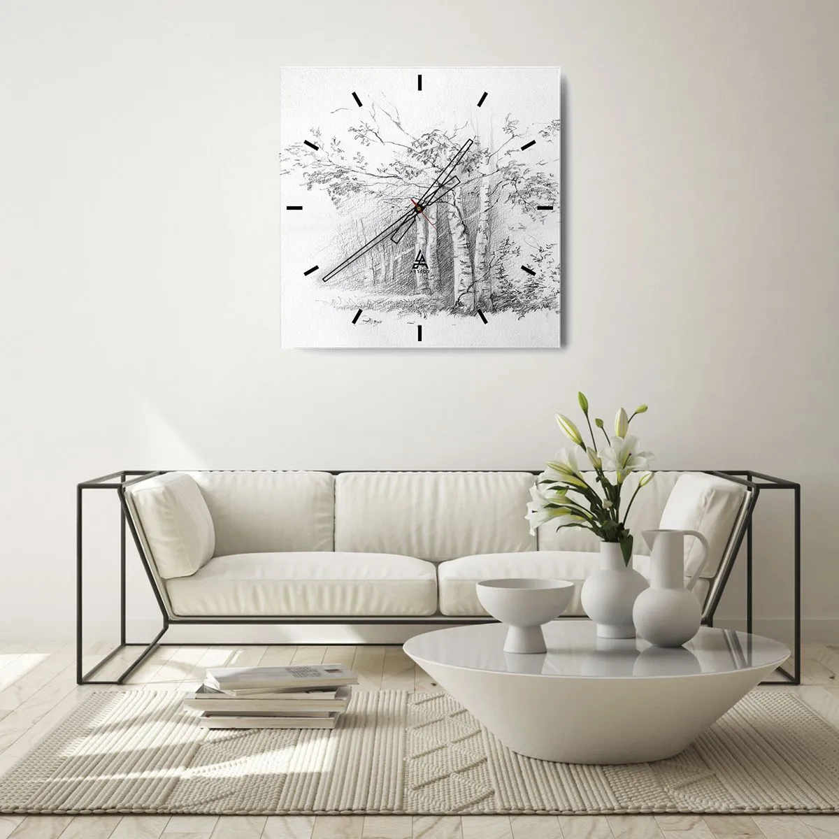 Relógio de parede - Relógio em vidro - Luz da floresta de bétulas - 30x30 cm