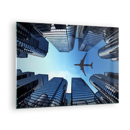 Quadro em vidro - Vista do avião entre arranha-céus - 70x50cm - Vista do desfiladeiro de vidro - Decoração de parede moderna para a sala de estar e quarto ARTTOR
