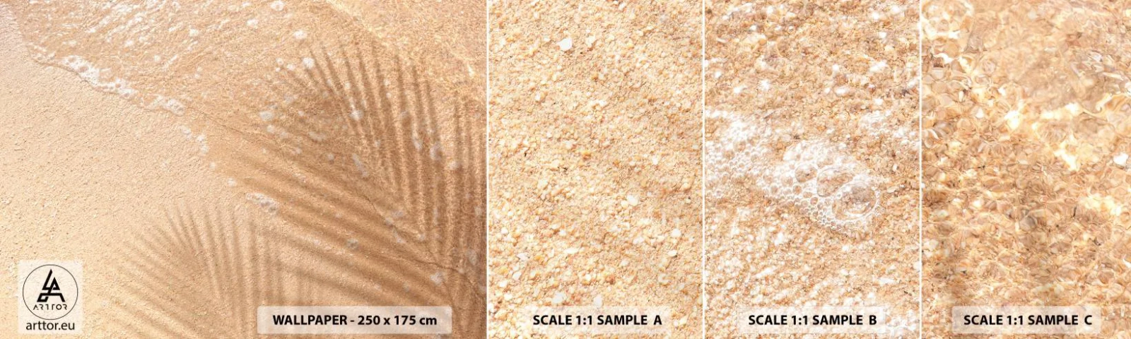 Amostra de Papel de Parede Standard Eco - A sombra de um verão quente - Abstração, Areia na praia, Folhas - 100x30 cm