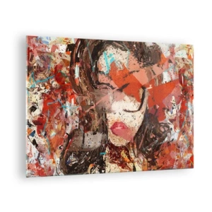 Quadro em vidro - Retrato abstrato de uma mulher em tons de vermelho e bege - 70x50cm - Ninguém realmente me conhece  - Decoração de parede moderna para a sala de estar e quarto ARTTOR
