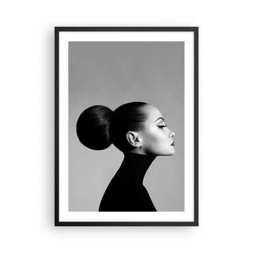 Pôster com moldura preta - Perfil de uma mulher em preto e branco com penteado elegante - 50x70cm - Nefertiti moderna - Decoração de parede moderna para a sala de estar e quarto ARTTOR