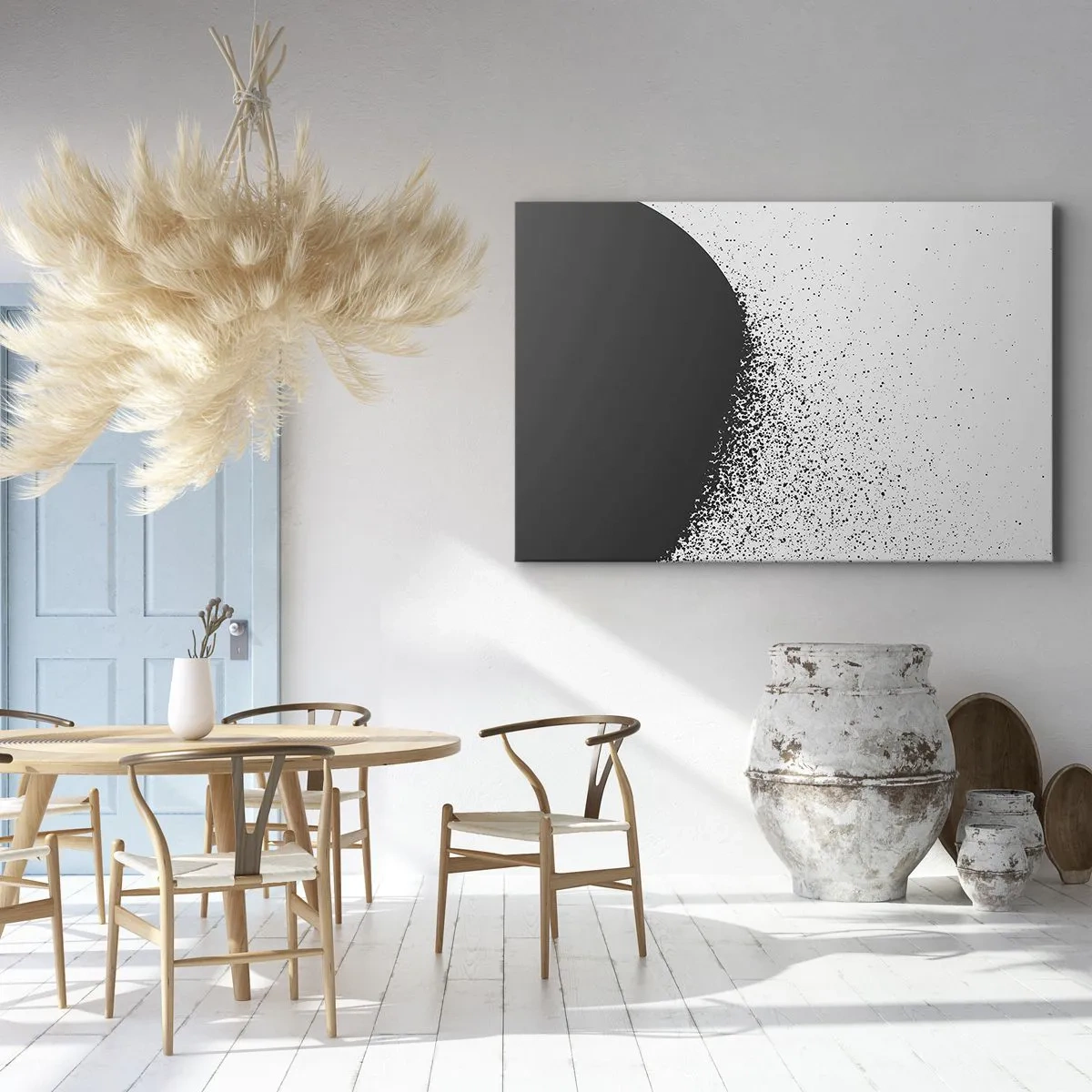 Quadro em tela - Padrão abstrato com partículas pretas em um fundo claro - 70x50cm - Movimento das moléculas - Decoração de parede moderna para a sala de estar e quarto ARTTOR