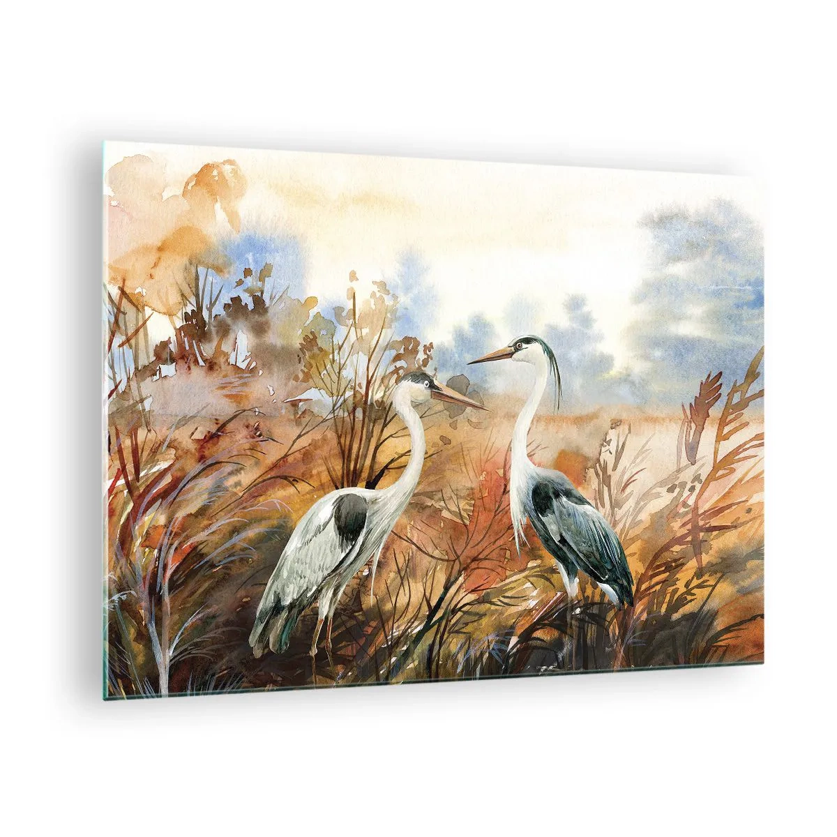 Quadro em vidro - Dois guindastes em uma paisagem de outono pintada em aquarela - 70x50cm - Para onde ir no outono? - Decoração de parede moderna para a sala de estar e quarto ARTTOR