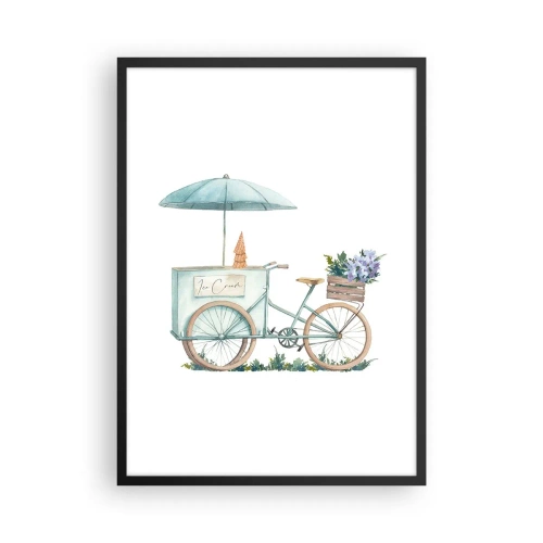 Pôster com moldura preta - Ilustração em aquarela de uma bicicleta com sorvete e flores - 50x70cm - Doce lembrança do verão - Decoração de parede moderna para a sala de estar e quarto ARTTOR