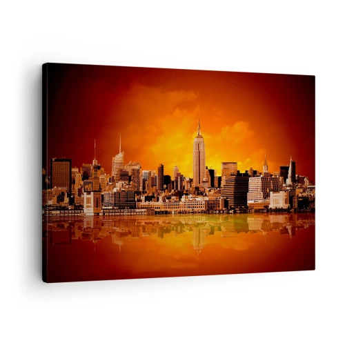 Quadro em tela - Panorama da cidade ao pôr do sol com edifícios refletidos na água - 70x50cm - Panorama metropolitano em amarelo e bronze - Decoração de parede moderna para a sala de estar e quarto ARTTOR