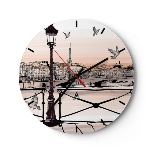 Relógio de parede - Relógio em vidro - Uma lanterna, pombos e o panorama de Paris ao pôr do sol - 30x30cm - Sobre os telhados de Paris - Decoração de parede moderna para a sala de estar, cozinha e quarto ARTTOR