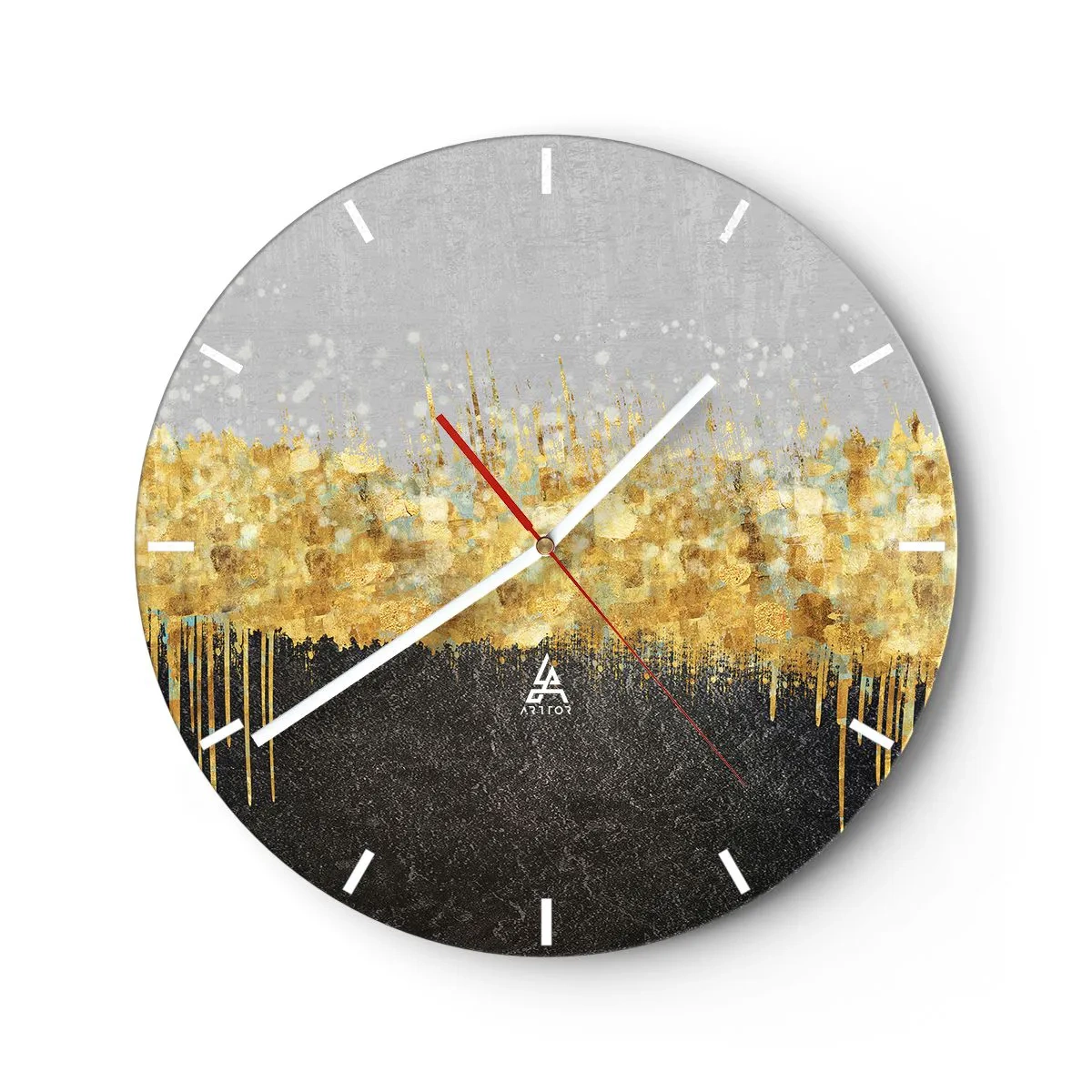 Relógio de parede - Relógio em vidro - Reflexos dourados em uma composição artística sobre um fundo preto e cinza - 30x30cm - Para dentro e para cima - Decoração de parede moderna para a sala de estar, cozinha e quarto ARTTOR