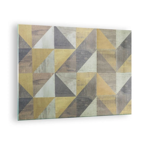 Quadro em vidro - Padrão geométrico de triângulos em cores suaves - 70x50cm - Em ângulo com um triângulo - Decoração de parede moderna para a sala de estar e quarto ARTTOR