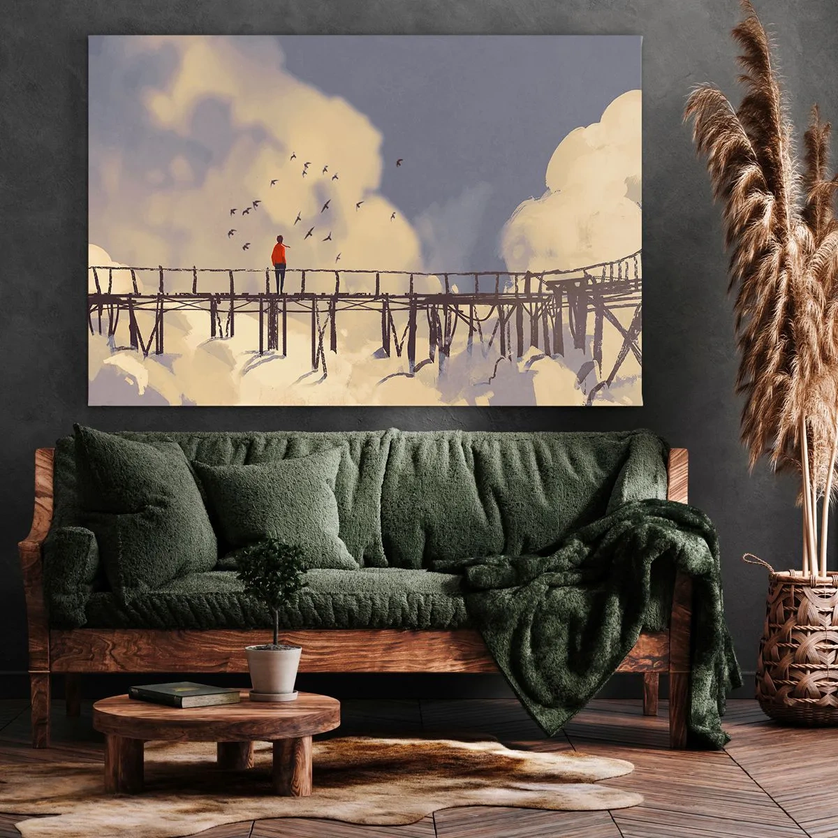 Quadro em tela - Uma figura em uma ponte entre nuvens com pássaros no céu - 70x50cm - Saudade azul - Decoração de parede moderna para a sala de estar e quarto ARTTOR