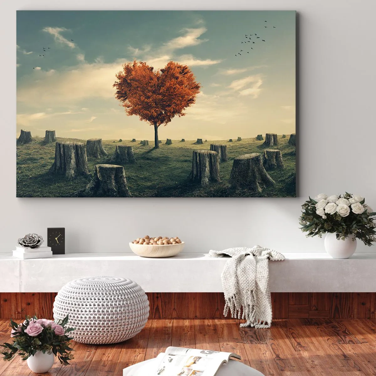 Quadro em tela - Uma árvore em forma de coração em um campo de tocos, um símbolo de esperança - 70x50cm - Ainda há esperança - Decoração de parede moderna para a sala de estar e quarto ARTTOR