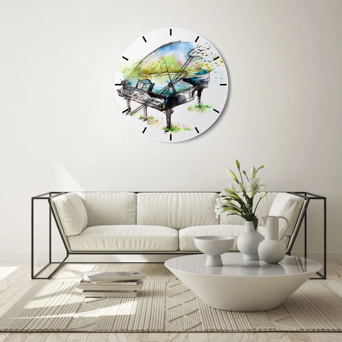 Relógio de parede - Relógio em vidro - Um piano com uma paisagem ao fundo, feito em estilo aquarela - 30x30cm - Encantado pela música - Decoração de parede moderna para a sala de estar, cozinha e quarto ARTTOR