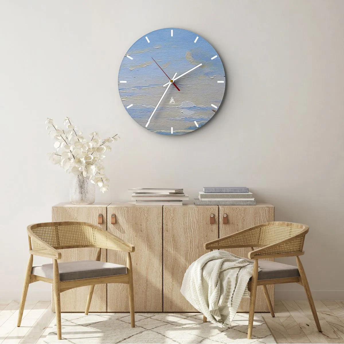 Relógio de parede - Relógio em vidro - Um veleiro na costa com pessoas contra o fundo do céu e do mar - 30x30cm - Água, terra, ar - Decoração de parede moderna para a sala de estar, cozinha e quarto ARTTOR