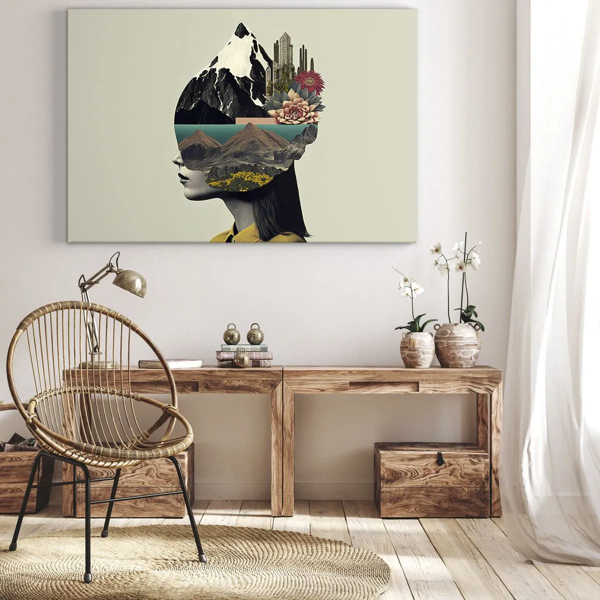 Quadro em tela - Colagem de uma mulher com uma paisagem de montanha e flores - 70x50cm - Mulher – sempre um mistério - Decoração de parede moderna para a sala de estar e quarto ARTTOR