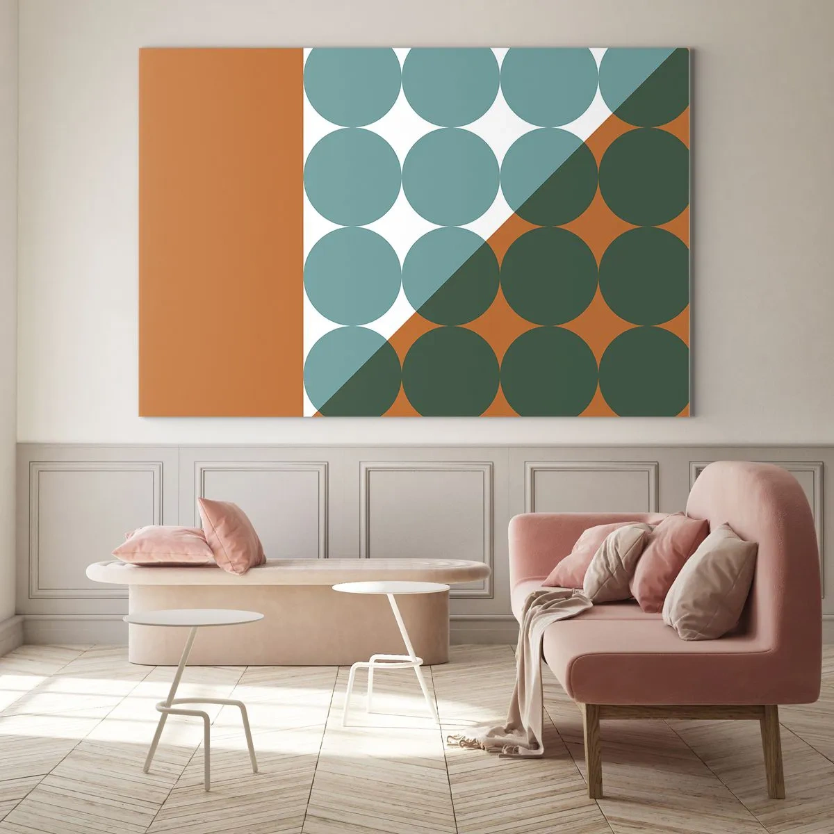 Quadro em vidro - Composição geométrica abstrata com círculos e um triângulo - 70x50cm - Para cima e na diagonal - Decoração de parede moderna para a sala de estar e quarto ARTTOR