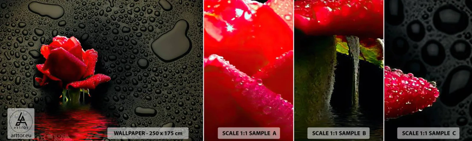 Amostra de papel de parede autocolante Deluxe Sticker - Vermelho e preto - Flores, Rosa, Água - 100x30 cm