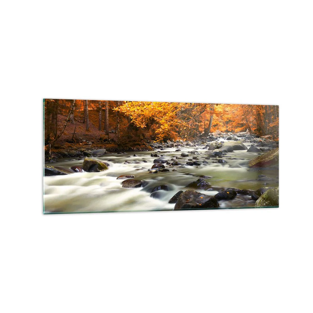 Quadro em vidro - Um riacho na floresta dourada - 120x50 cm