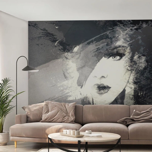 Papel de Parede Premium Sand - Por trás do véu cinzento - Rosto de mulher, Preto e branco, Olhos - 200x140 cm